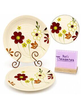 Gibson GID438 Retro 70's Floral Muticolored Ceramic Beige Dinner Plates Set of 2